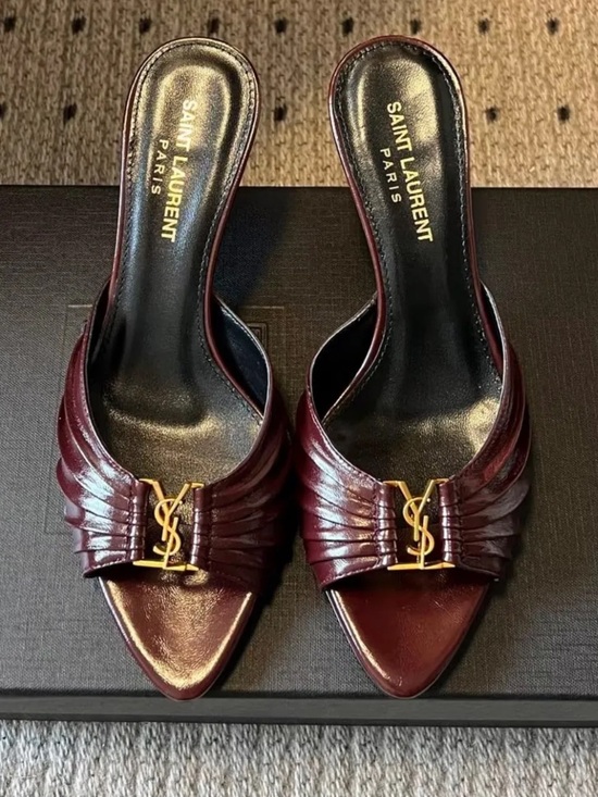 Saint Laurent Shoes - Saint Laurent Burgundy Leather Slide Mules with Gold YSL Hardware
